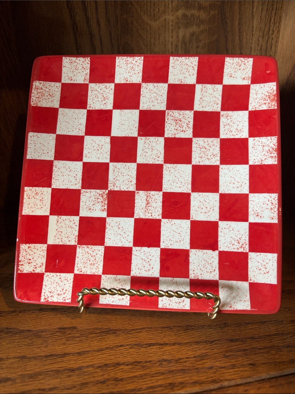 Red and White Checkered Ceramic Serving Platter